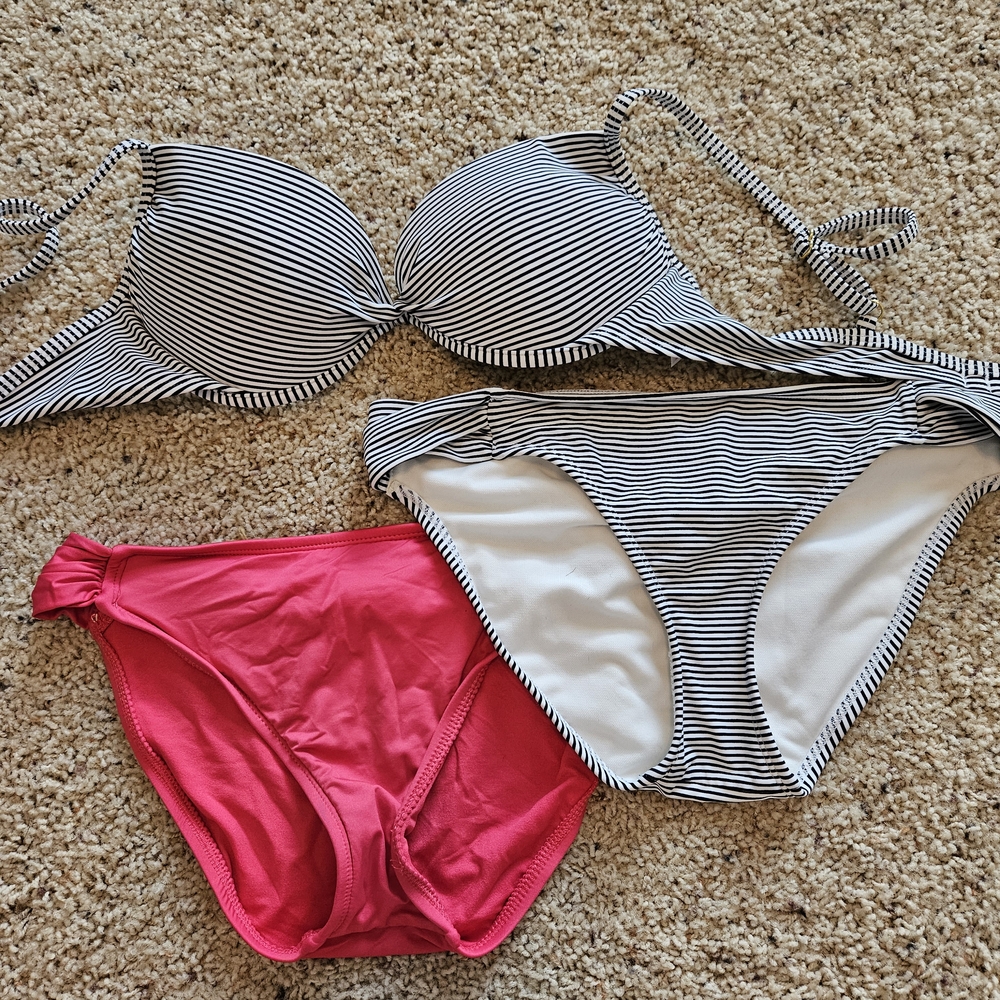 Striped Black and White Bikini Set with Pink Bottoms